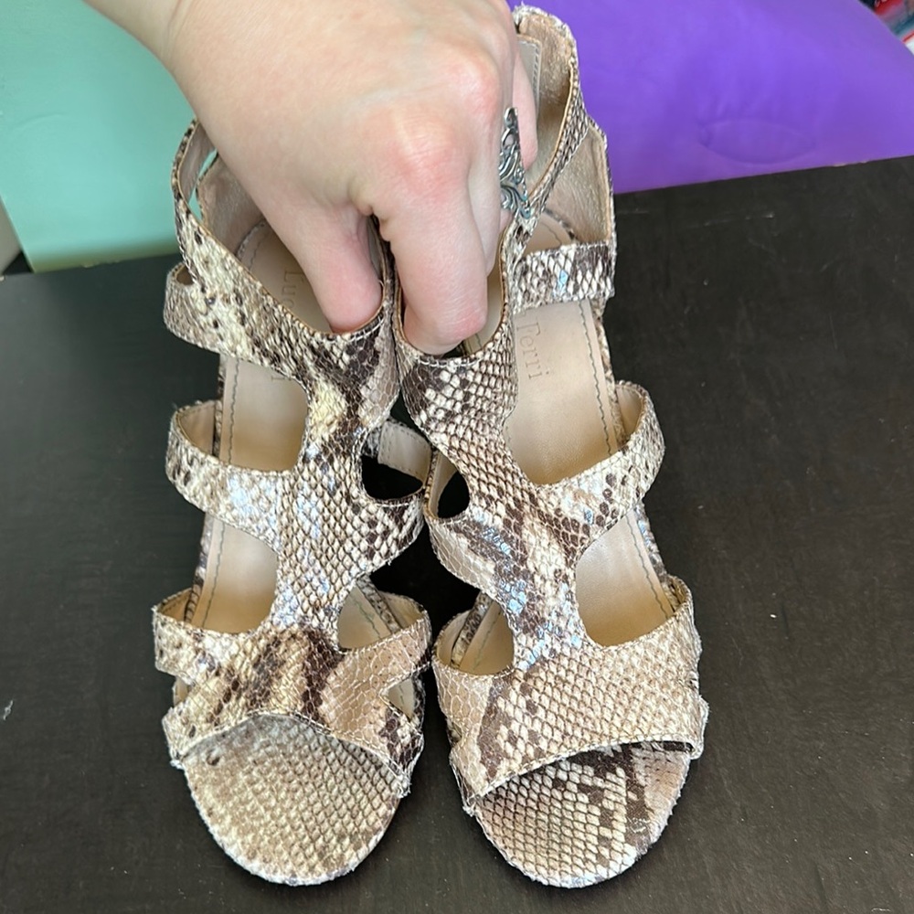 Tan Gladiator Sandals with Reptilian Print